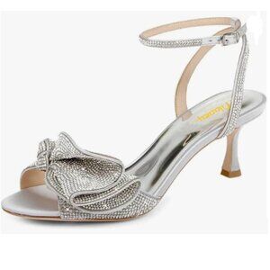 Milooey shoes Silver Glitter Rhinestone Bow Crystal Ankle Strap High Heel Sandal